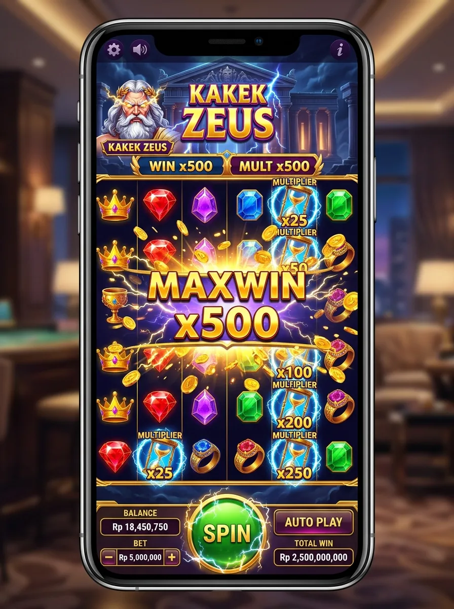 Tampilan gameplay Kakek Zeus dengan multiplier x500 dan tombol spin